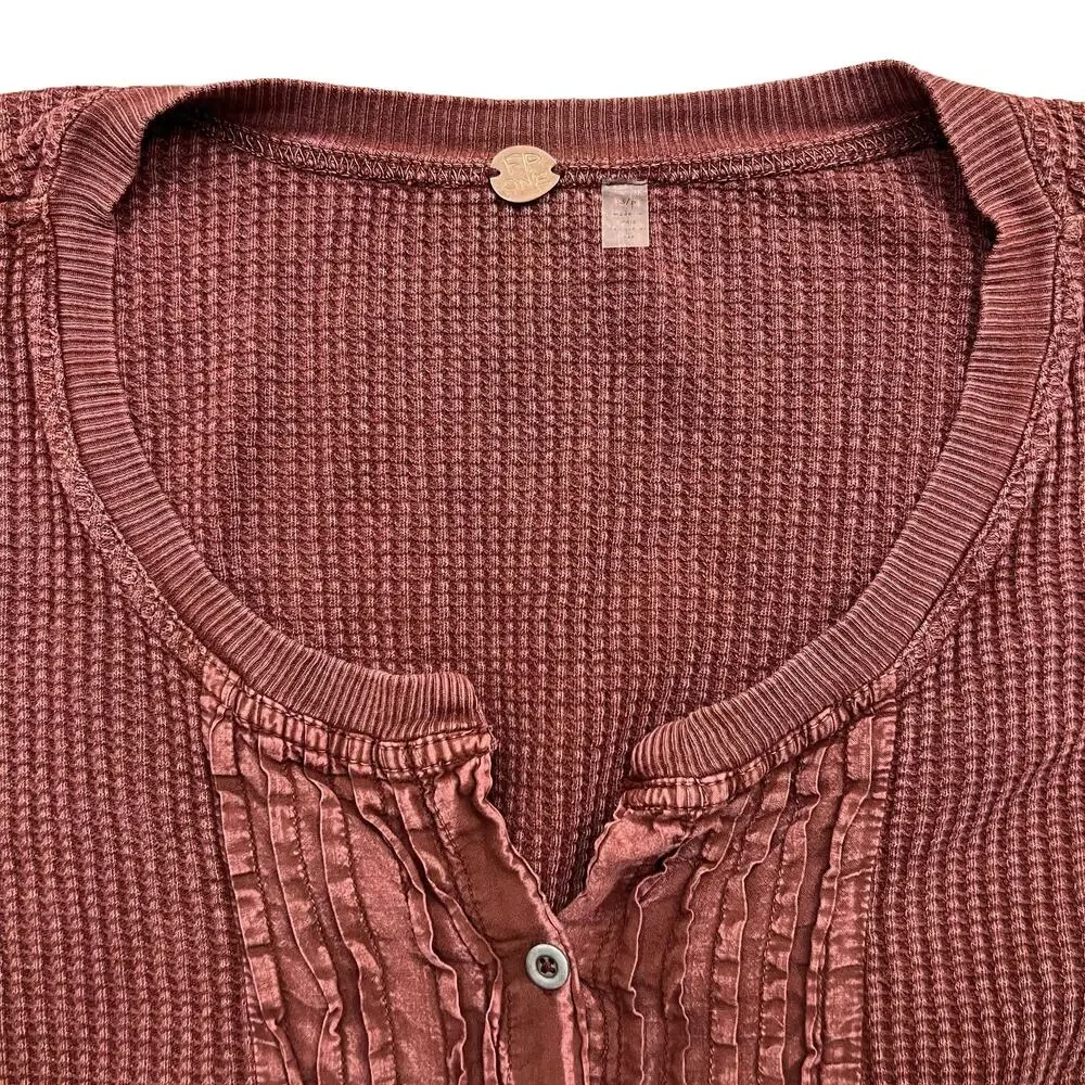 Free People FP ONE Jolene Waffle Knit Thermal Henley Tiered Mini Dress Wine S